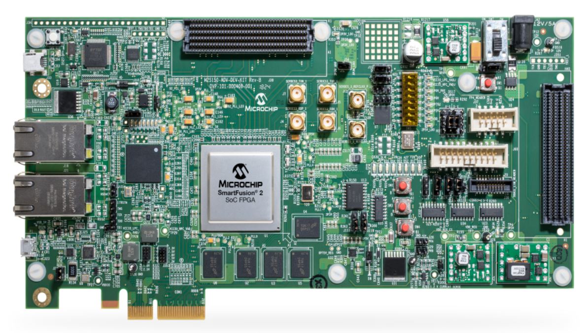 SmartFusion2 advanced development board with interface connectors and a central system-on-chip