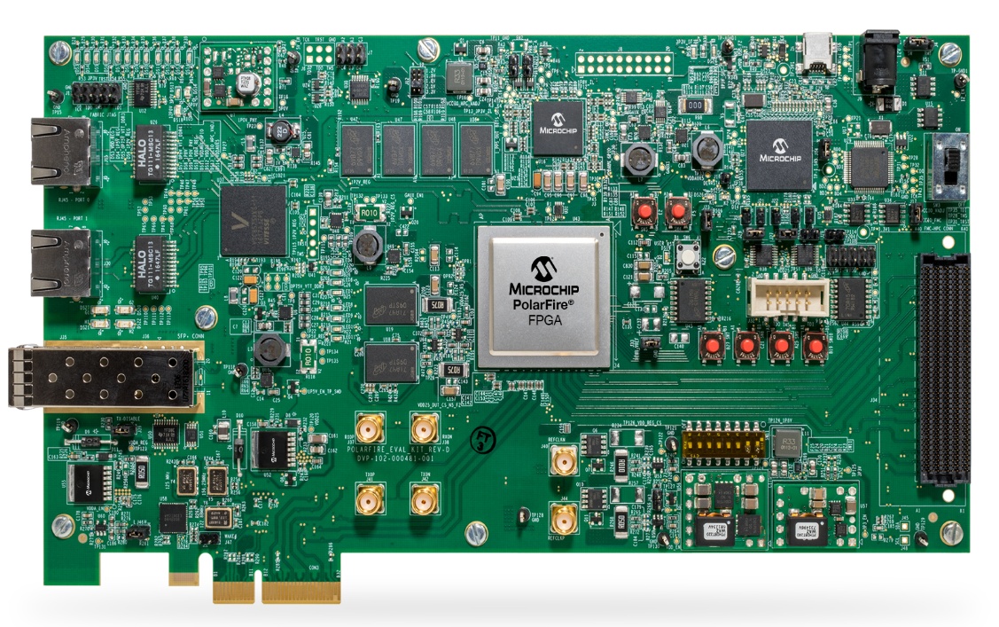 PolarFire FPGA evaluation board with Ethernet connectors, memory and an FPGA at its center