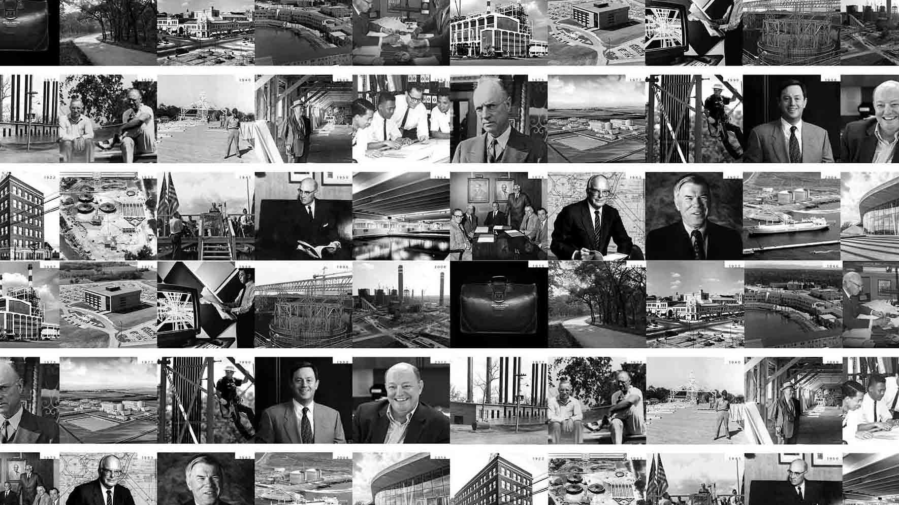 Black and white collage of Black & Veatch historical people and infrastructure