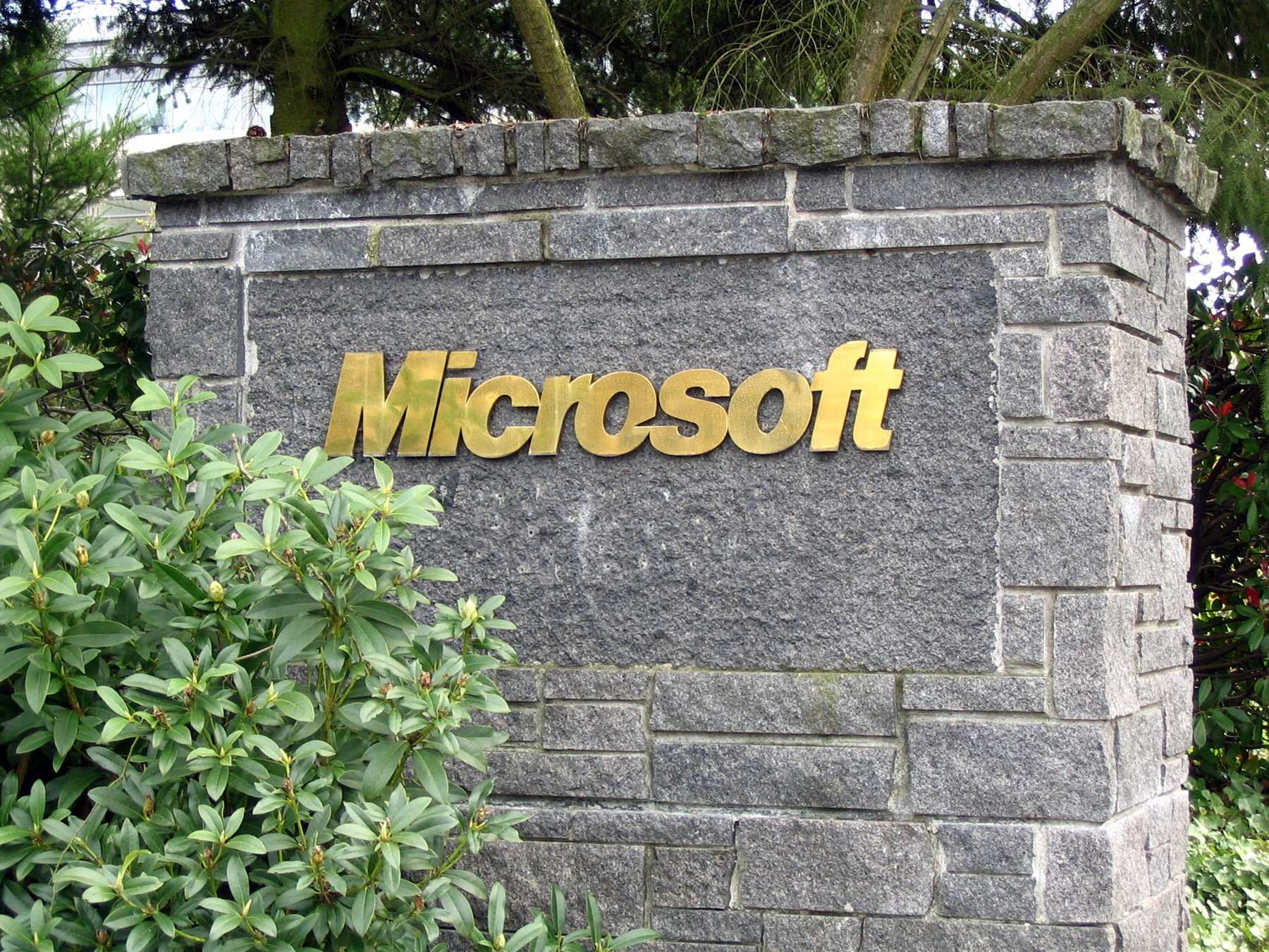Microsoft lettering on a stone sign at the Redmond campus