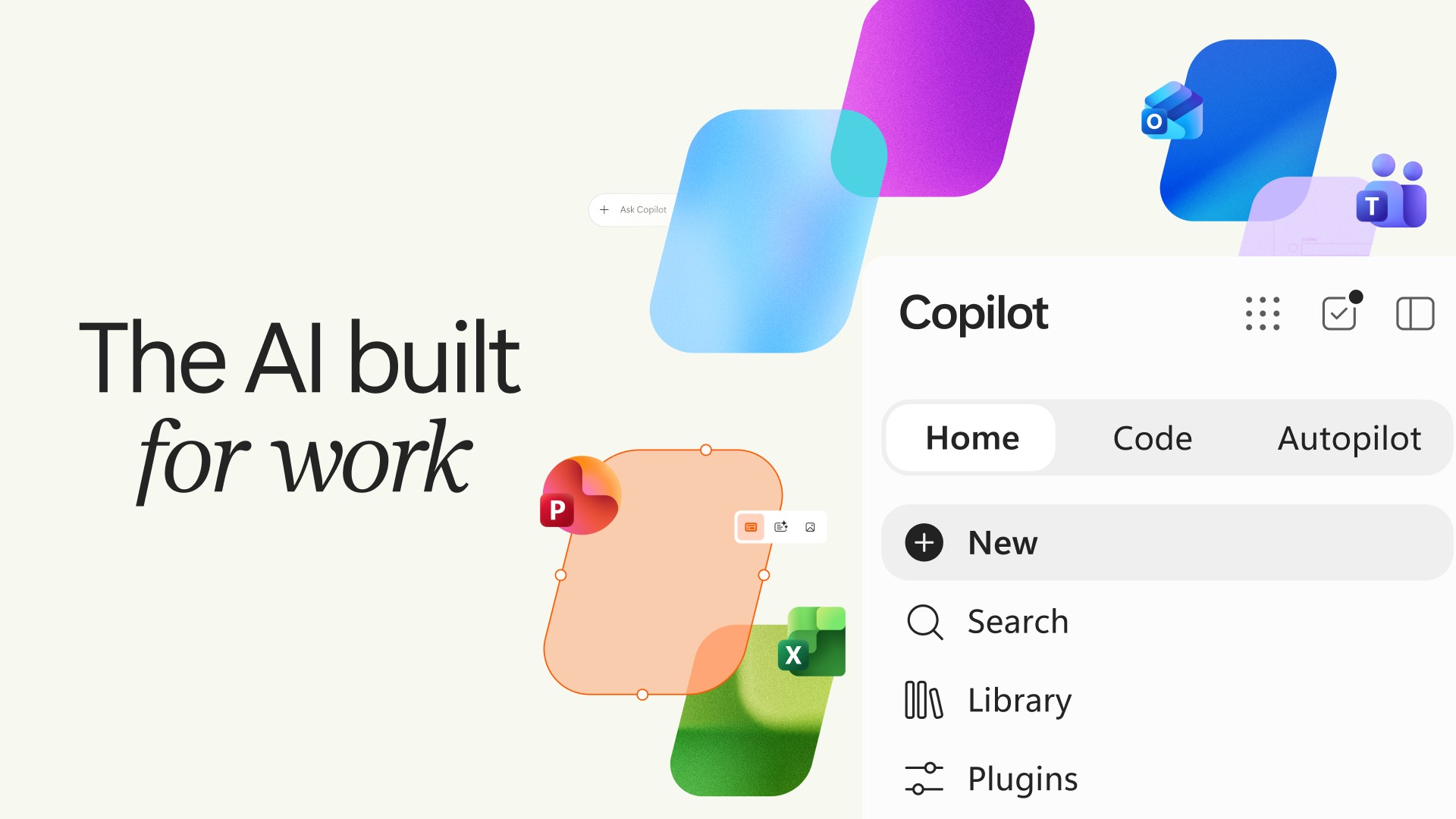 Microsoft announcement graphic showing Copilot Home, Code and Autopilot alongside Office app icons
