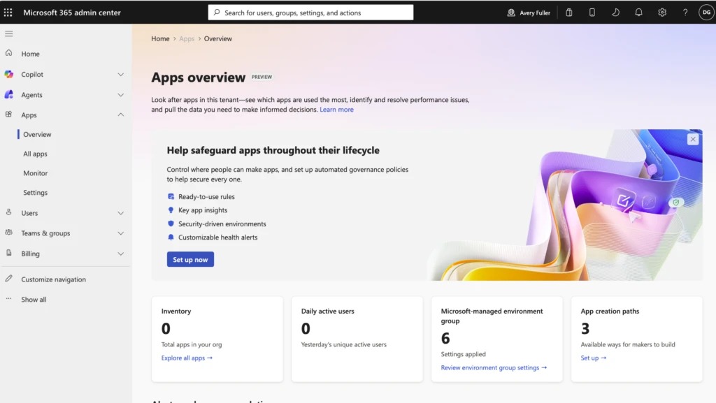 Microsoft 365 admin center Apps overview preview showing inventory and governance controls