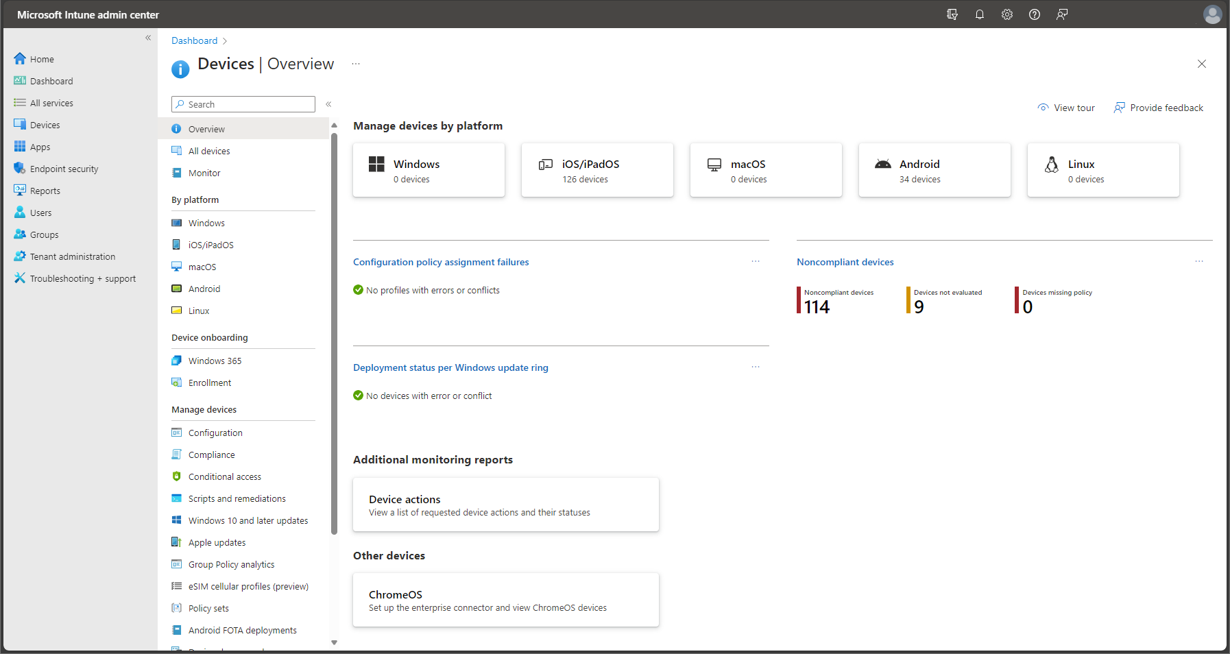 Microsoft Learn screenshot of the Intune Devices overview, showing platform and management controls