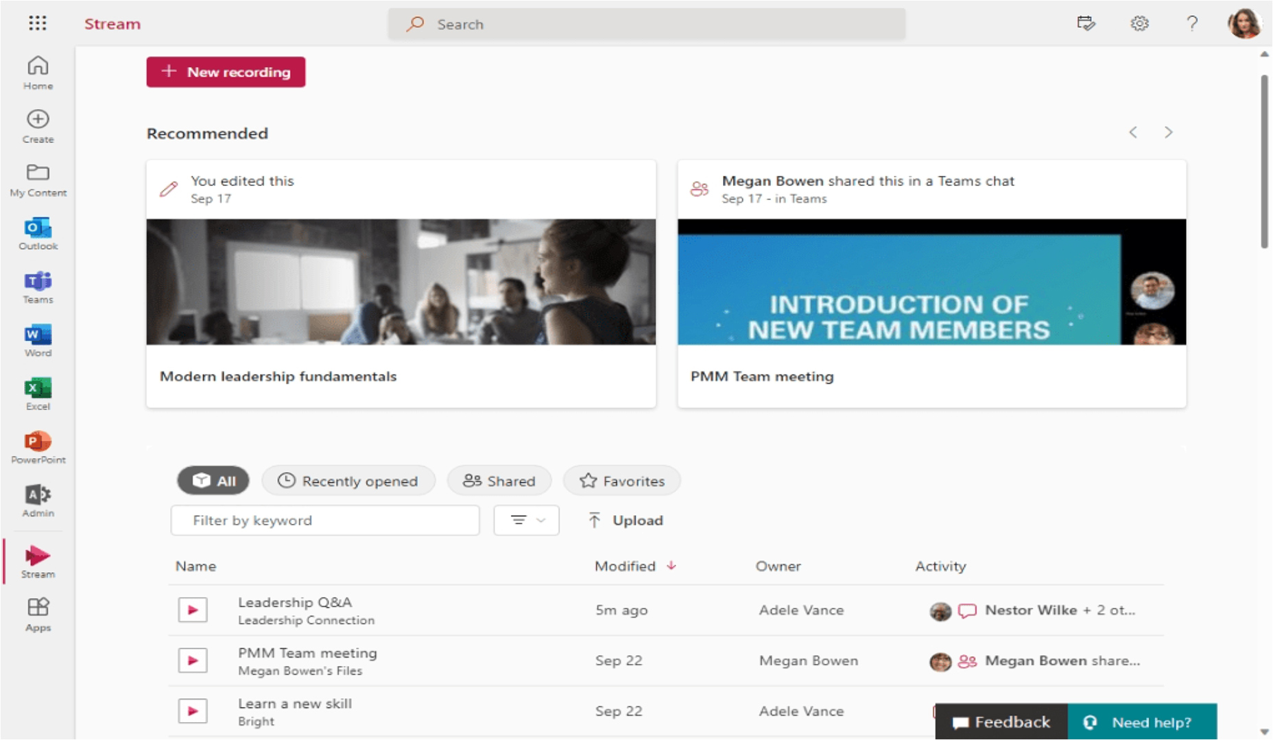 Historical Stream start page showing recommended videos and recently shared recordings with demonstration content
