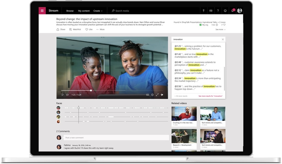 Microsoft’s 2017 launch illustration of Stream’s video experience on a laptop
