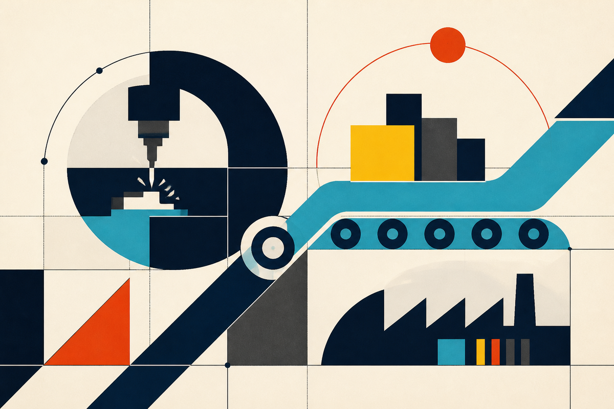 Abstract Swiss-style composition of a machine, conveyor and factory geometry