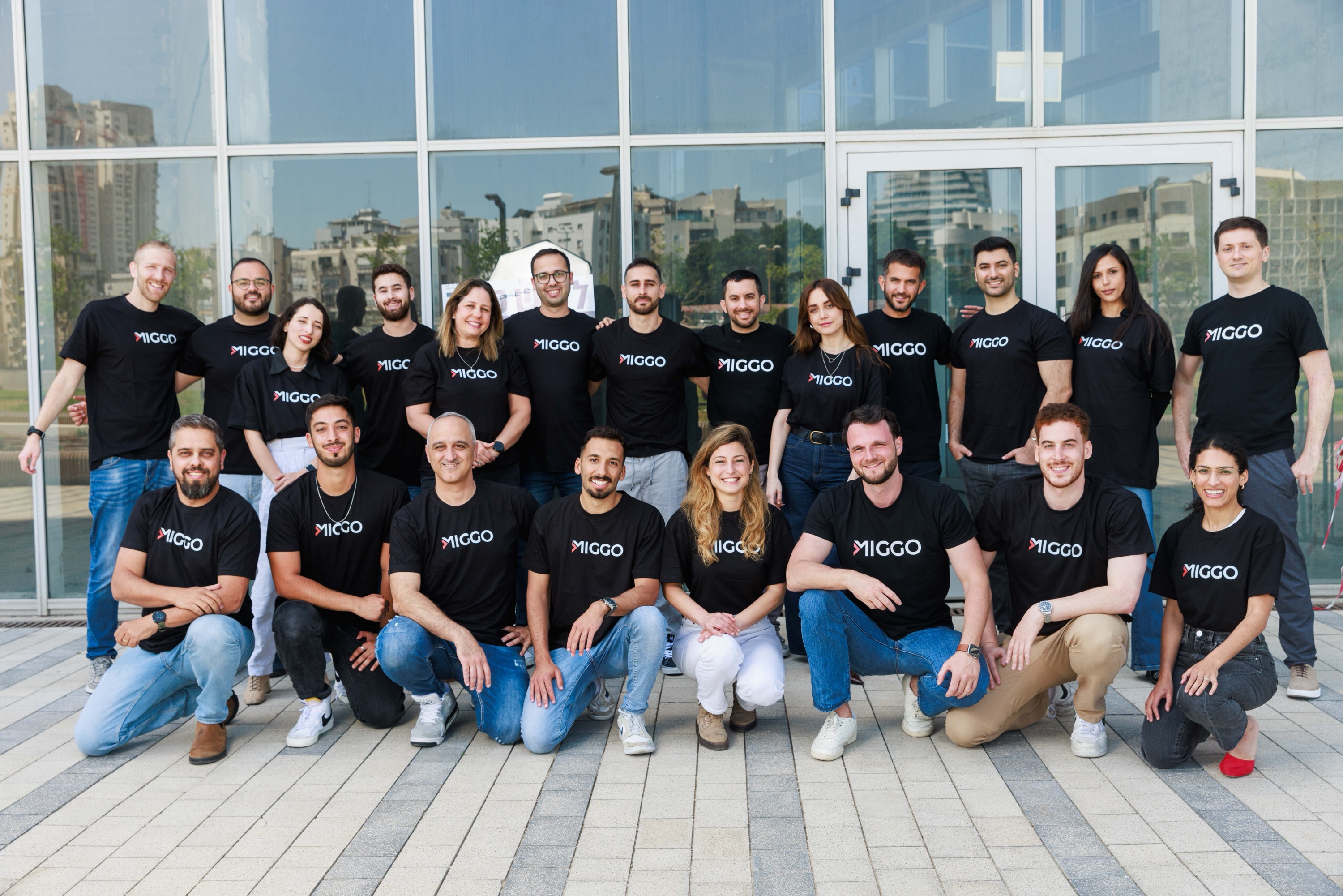 Miggo Security team gathered outside a glass-fronted building