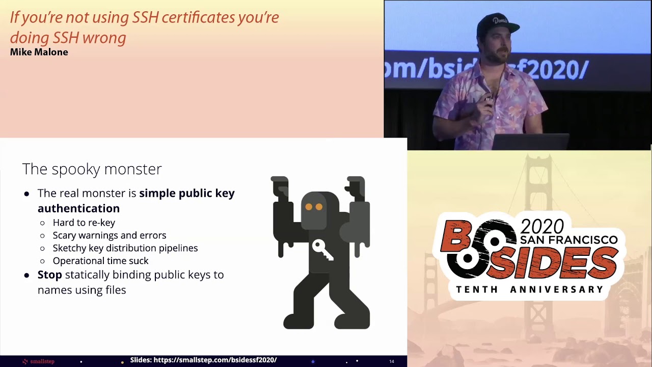 Mike Malone speaking at BSidesSF 2020 beside a slide illustrating SSH key-management problems