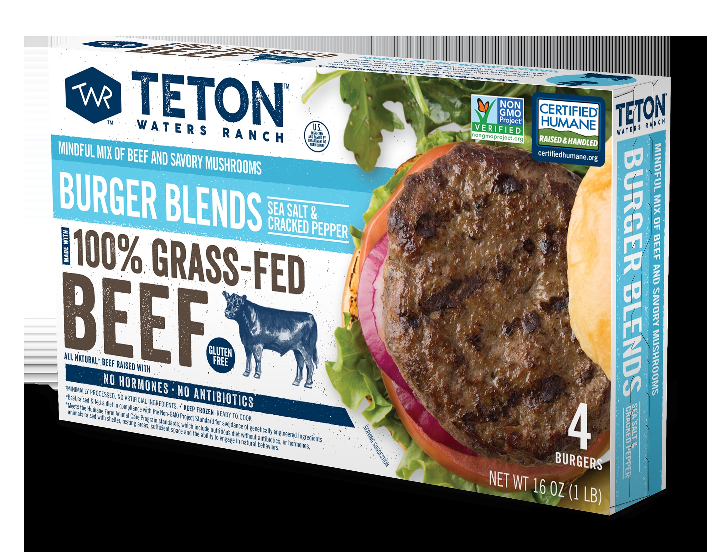 A box of Teton Waters Ranch Burger Blends made from grass-fed beef and mushrooms