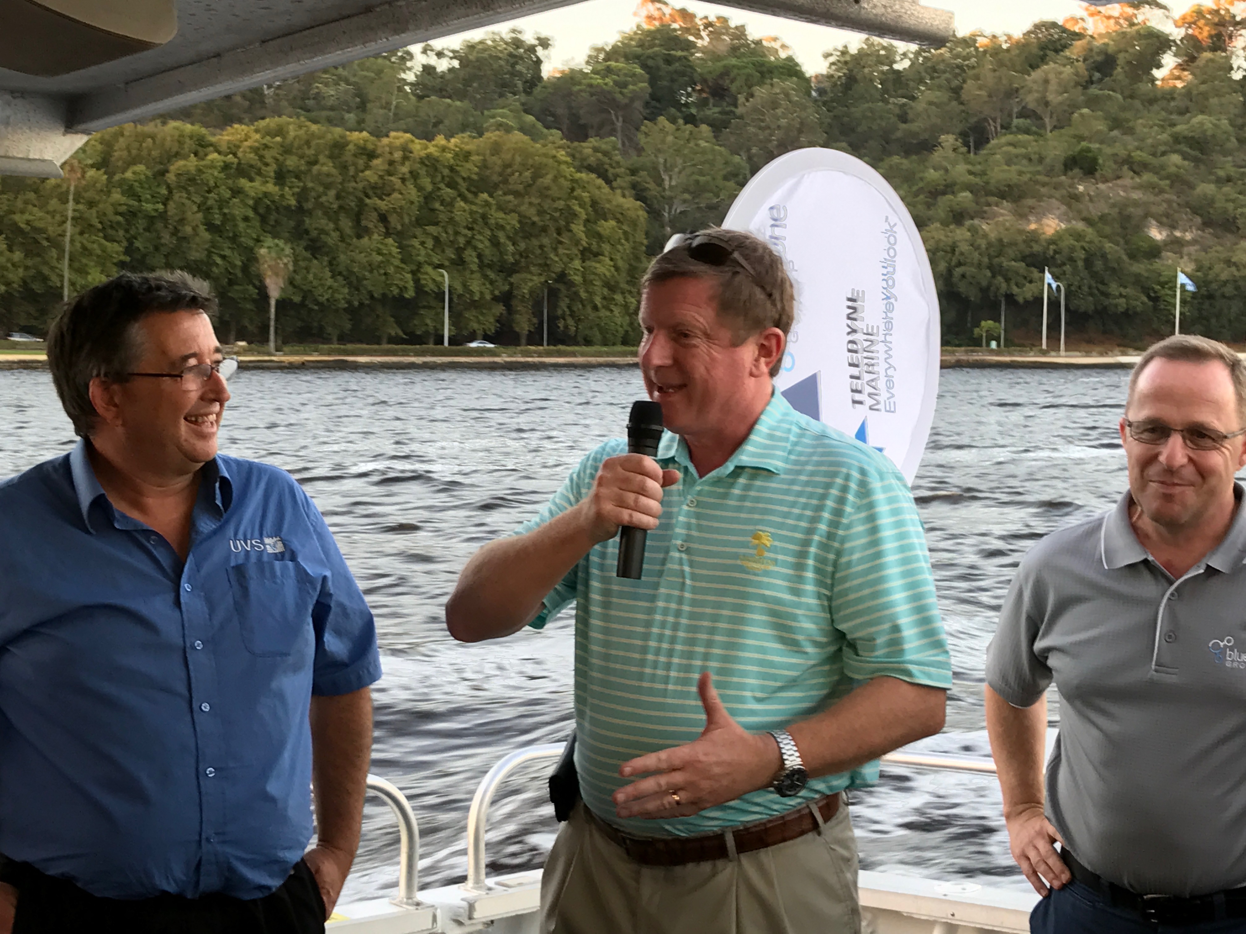 Mark Musarra, Mike Read and Neil Hodges on the Classy Lady dinner cruise on Perth’s Swan River