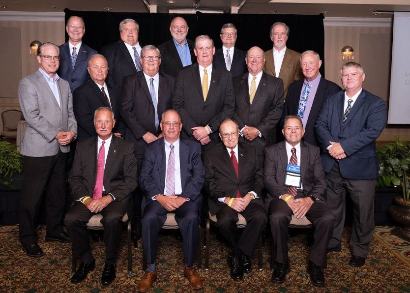 Indiana banking honorees and dignitaries at the 2021 awards gathering, with Michael Rechin at the far right of the back row.