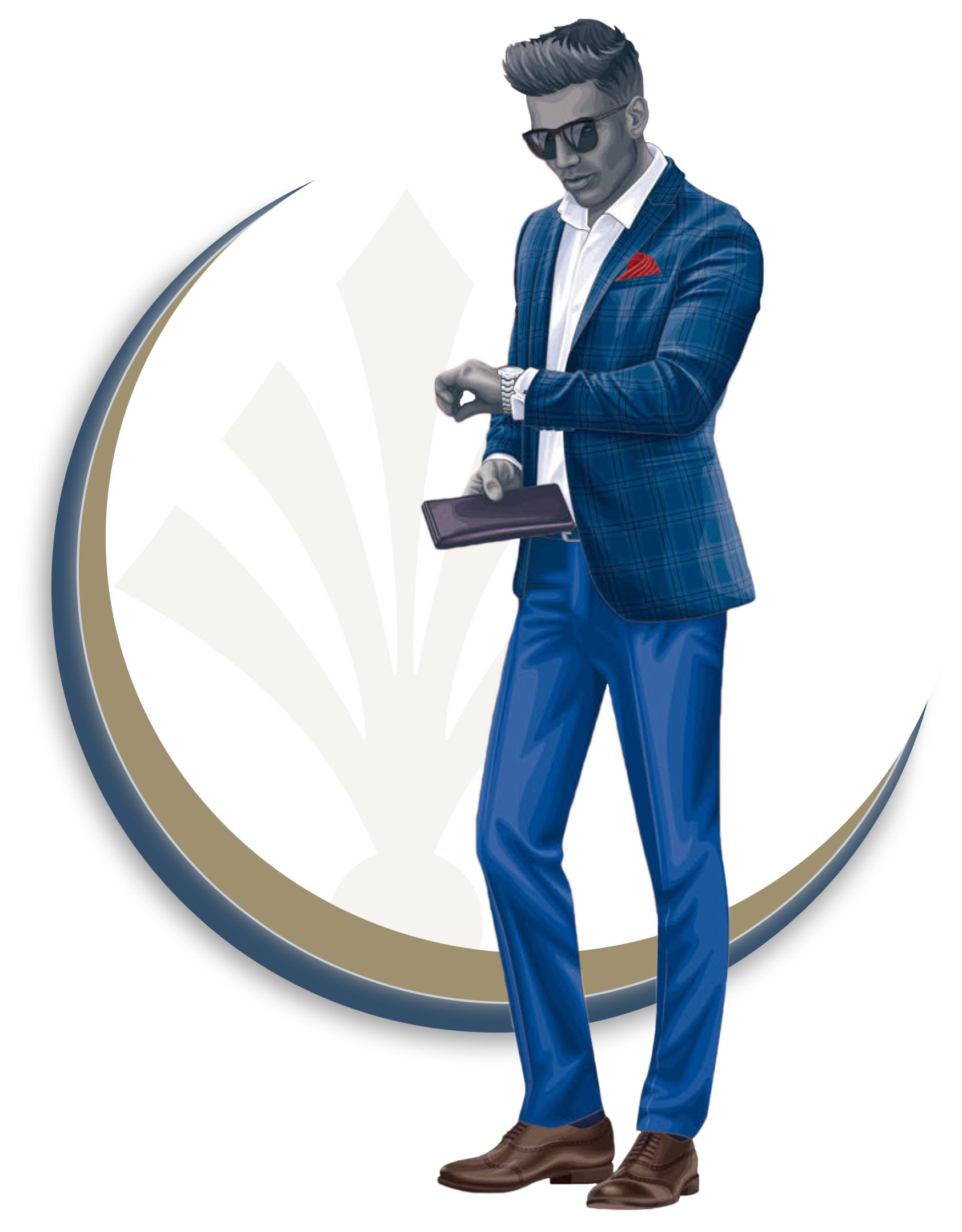 The Custom Shop illustration of a customer in a blue checked jacket holding a wallet