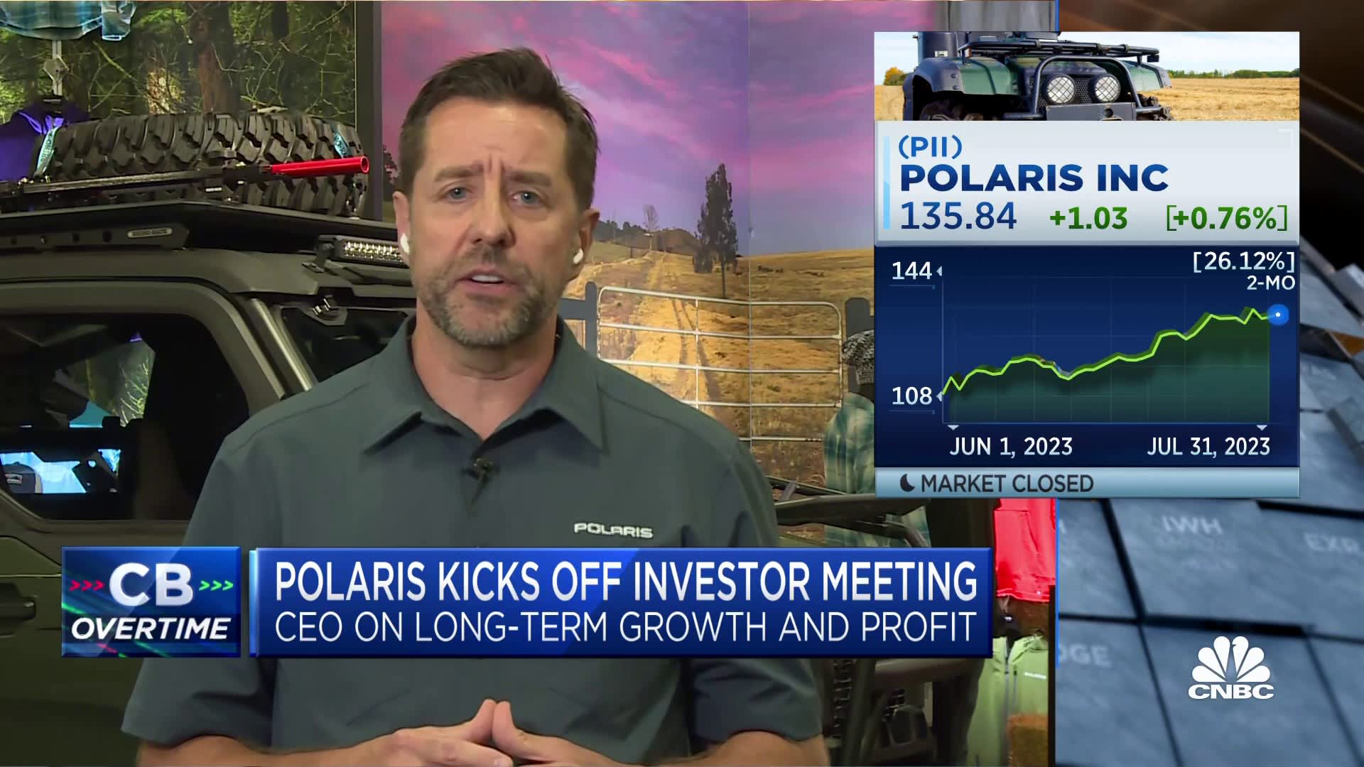 Mike Speetzen speaking on CNBC beside a Polaris off-road vehicle in July 2023