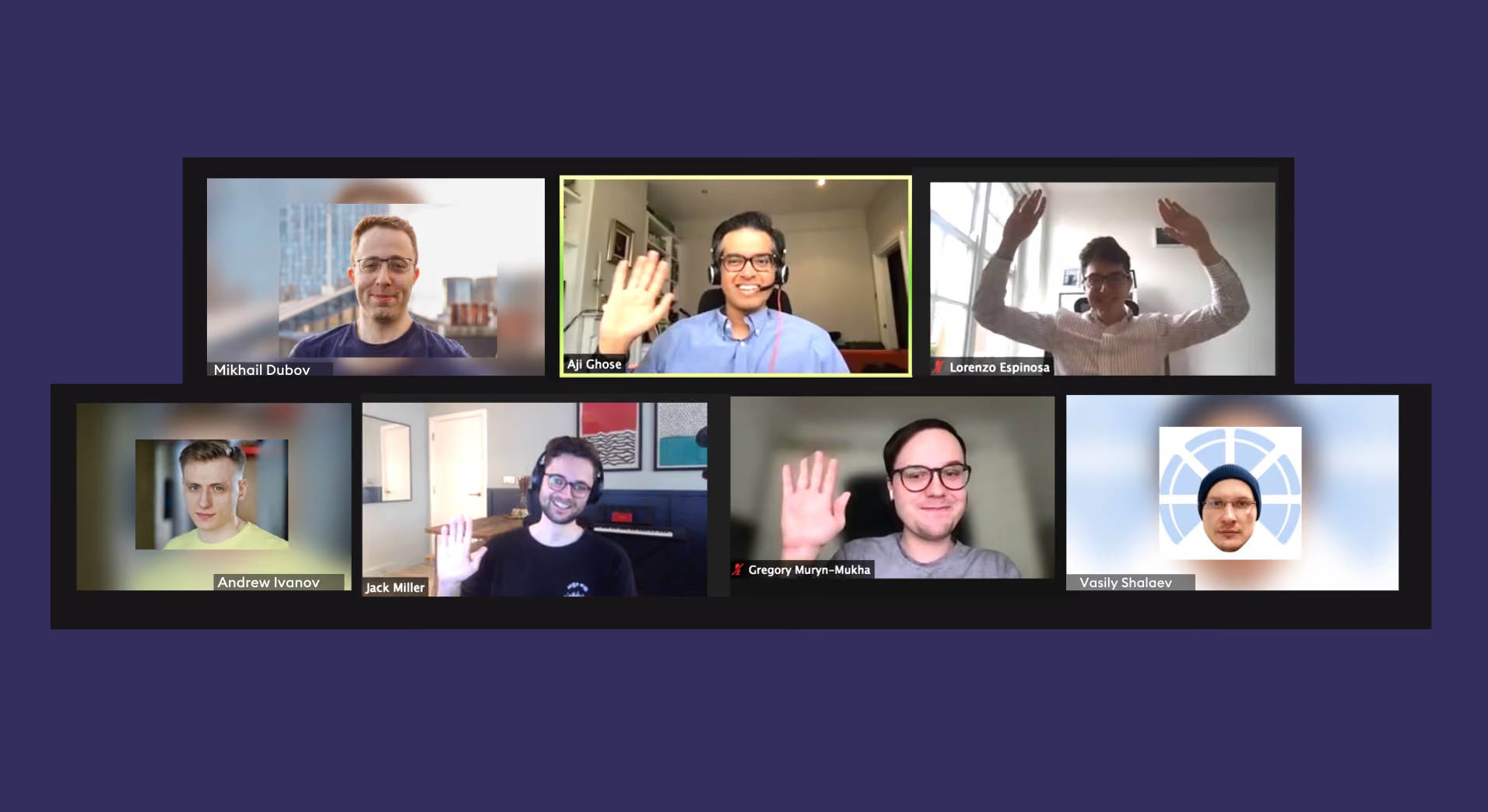 Mikhail Dubov, top left, and six Chattermill product colleagues in a video-call collage.