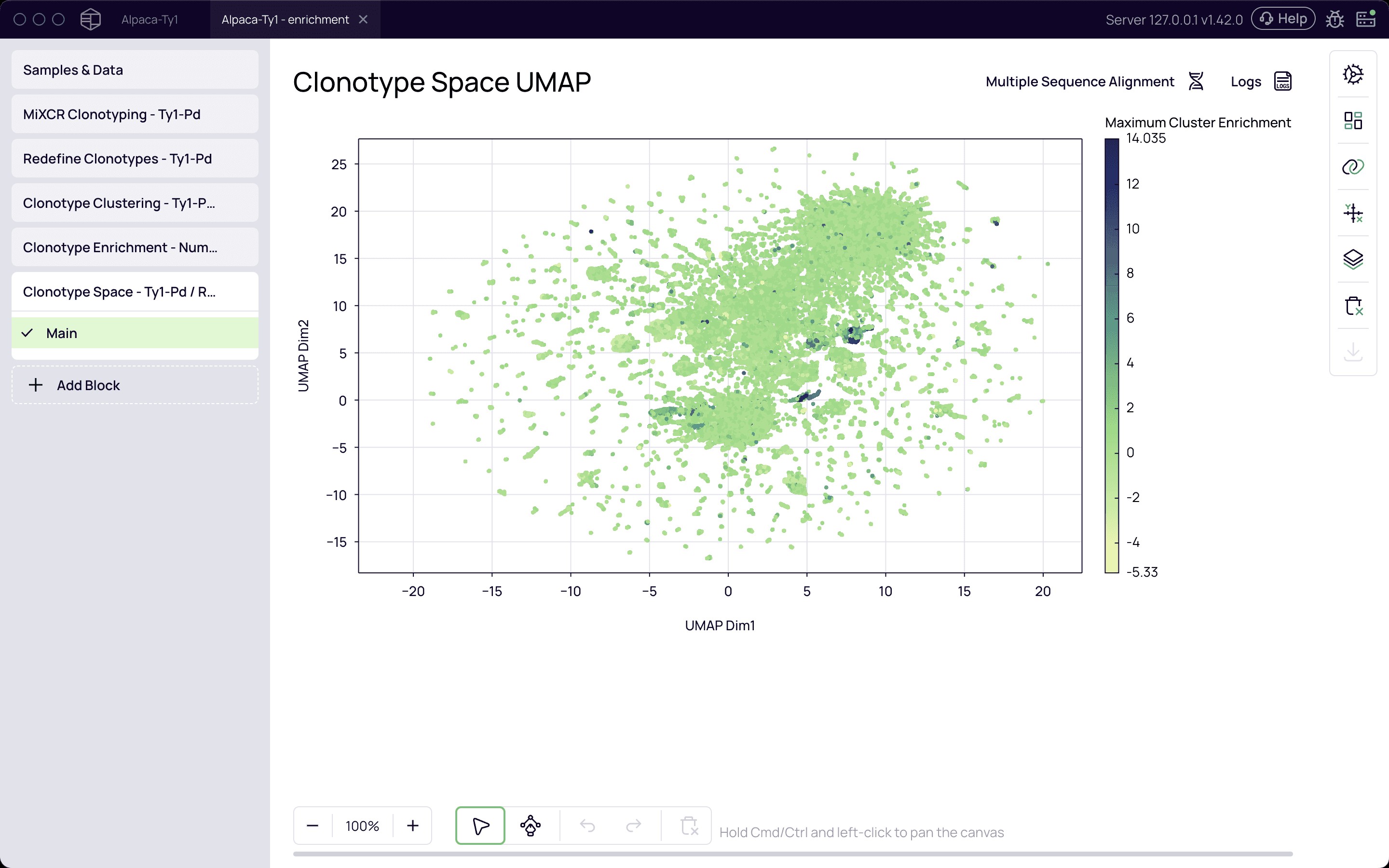Platforma interface showing a clonotype space plot colored by enrichment
