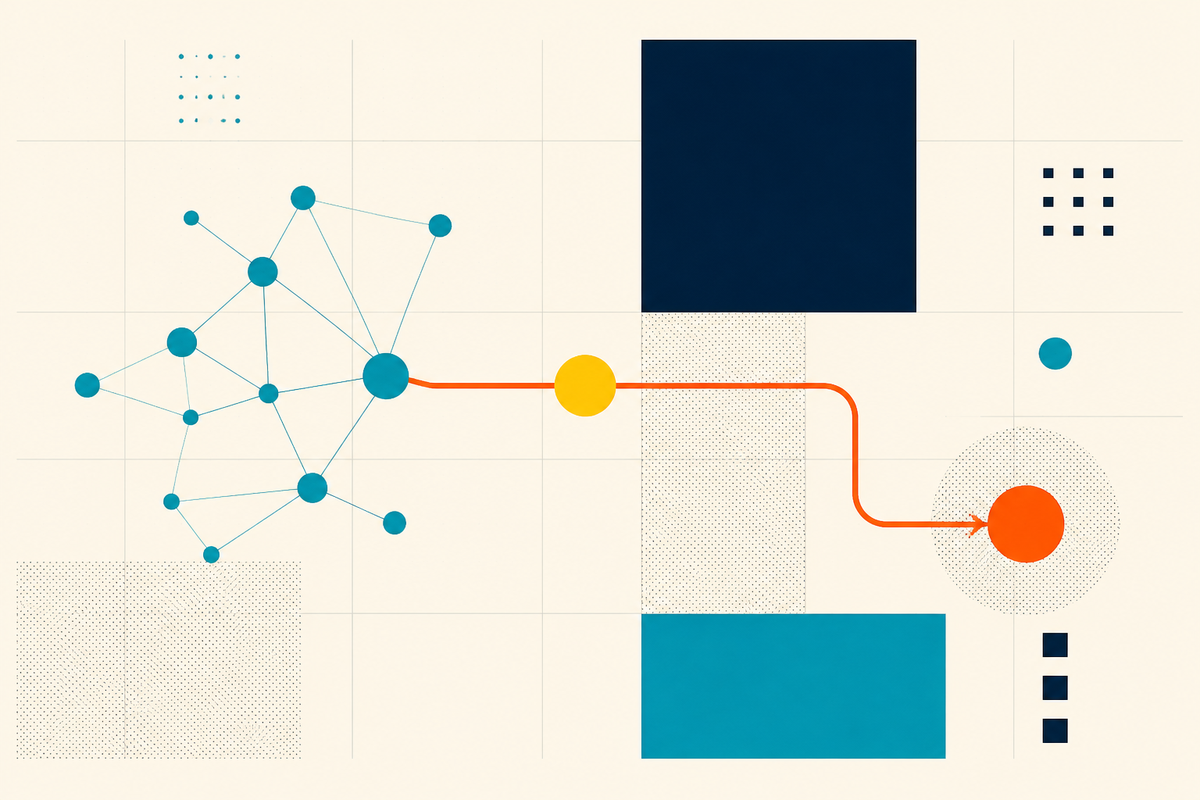 Abstract Swiss-style composition of connected teal nodes, capital blocks and a path toward an orange industry outcome