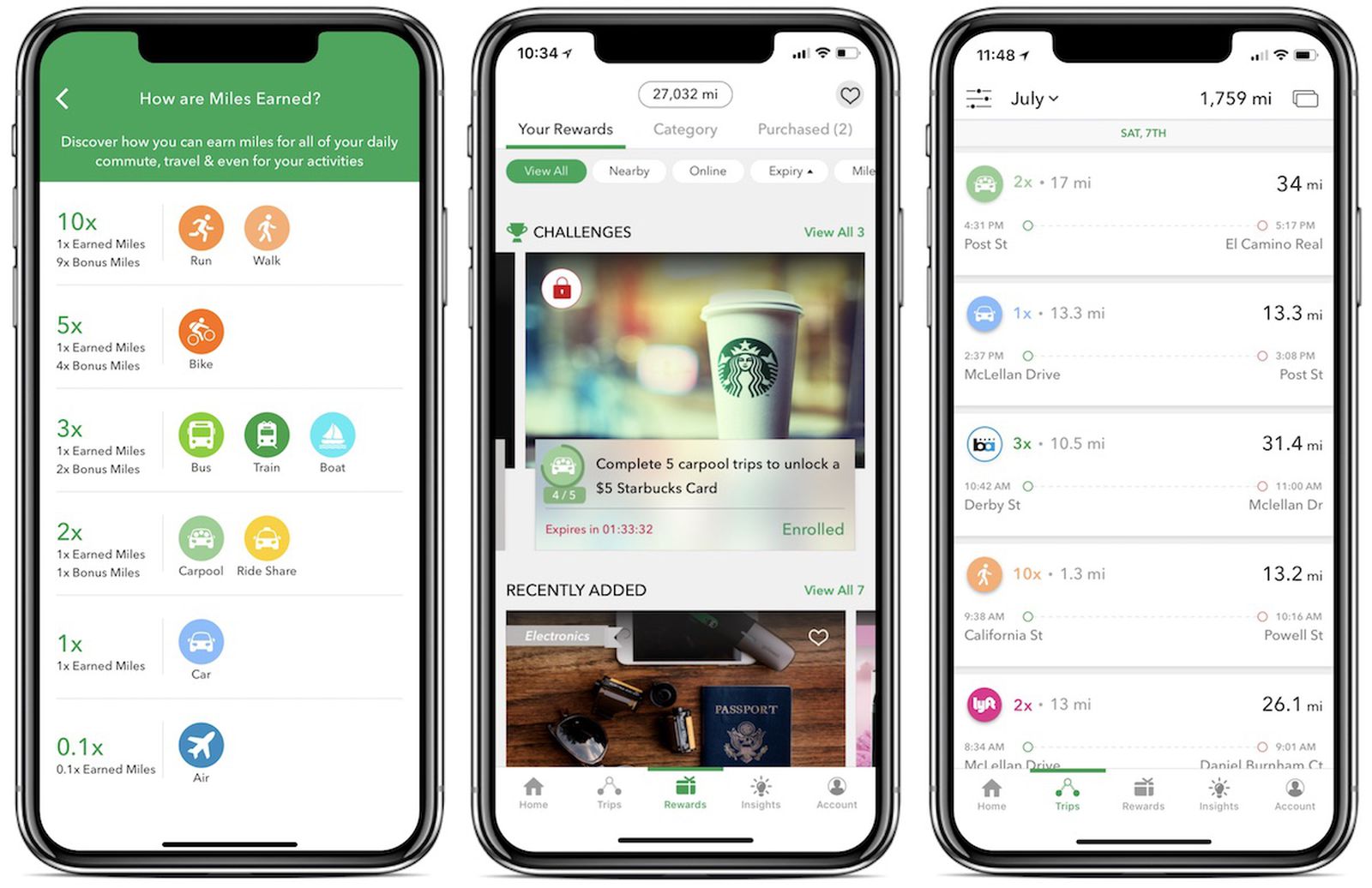 Early Miles app screens showing transport multipliers, trips and reward offers
