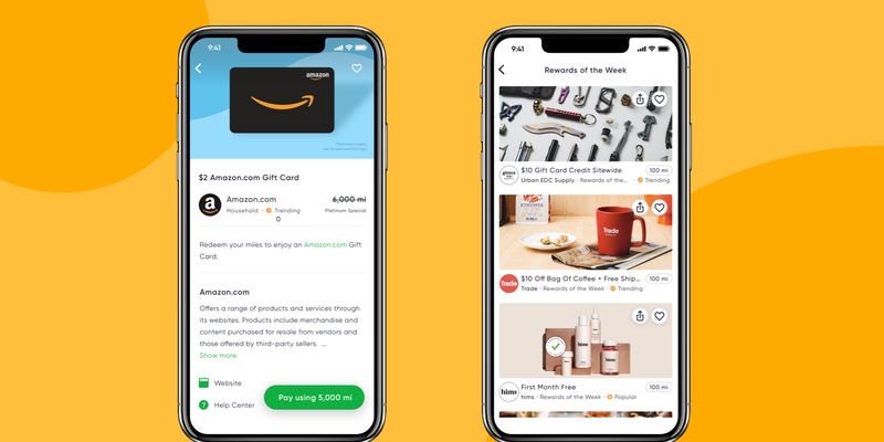 Miles app screens showing an Amazon gift card redemption and a carousel of weekly rewards