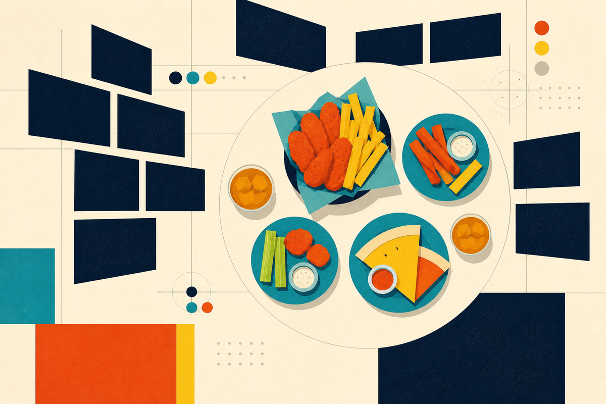Abstract Swiss-style overhead illustration of plates, drinks and television screens around a shared table