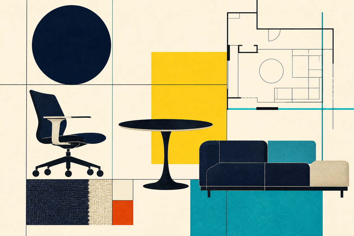 Abstract Swiss-style arrangement of modern seating, a pedestal table, textiles and an architectural plan