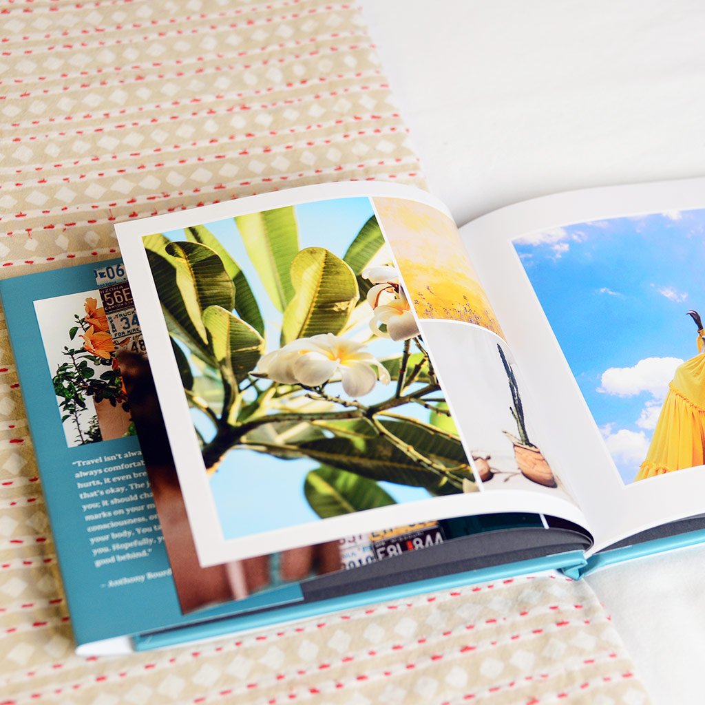 An open custom Mimeo Photos hardcover photo book