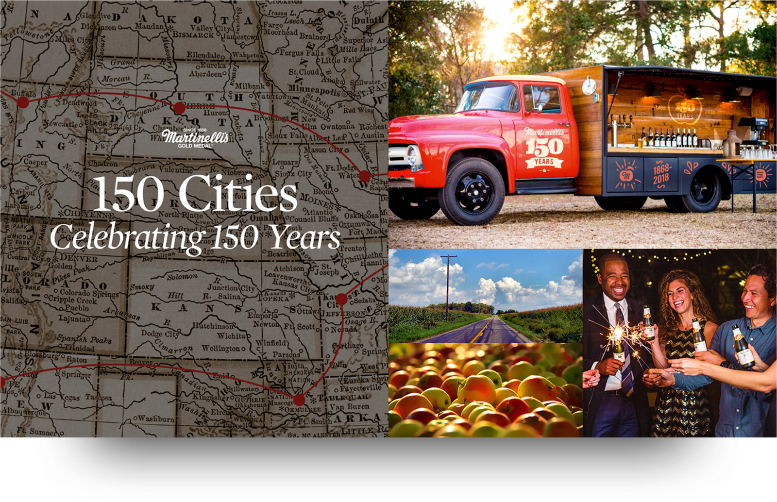 Martinelli’s anniversary campaign collage showing a vintage red sampling truck, a road map, apples, and people celebrating