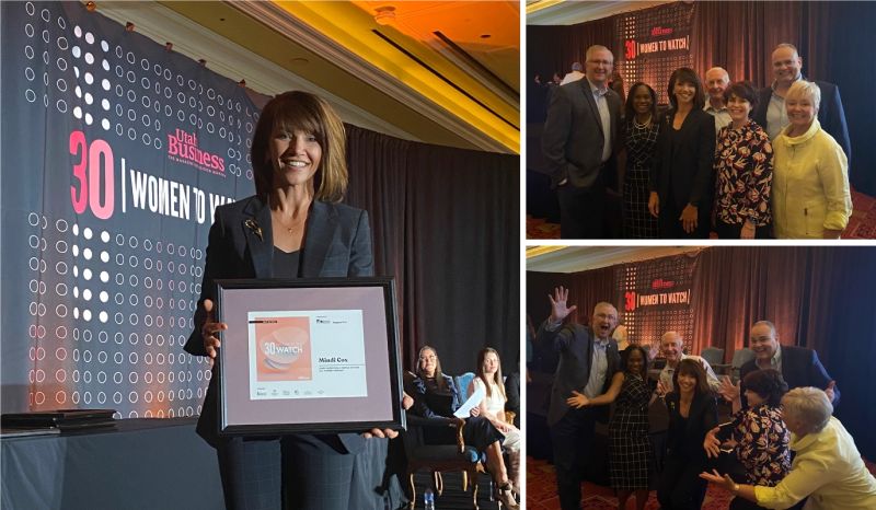 Mindi Cox holding her 30 Women to Watch award, with O.C. Tanner colleagues in two candid group photos