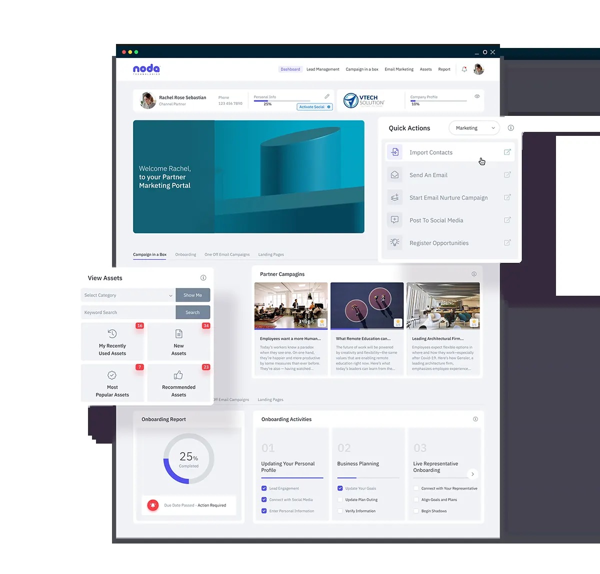 Mindmatrix product illustration showing a partner marketing dashboard, campaign cards, quick actions, and onboarding reports