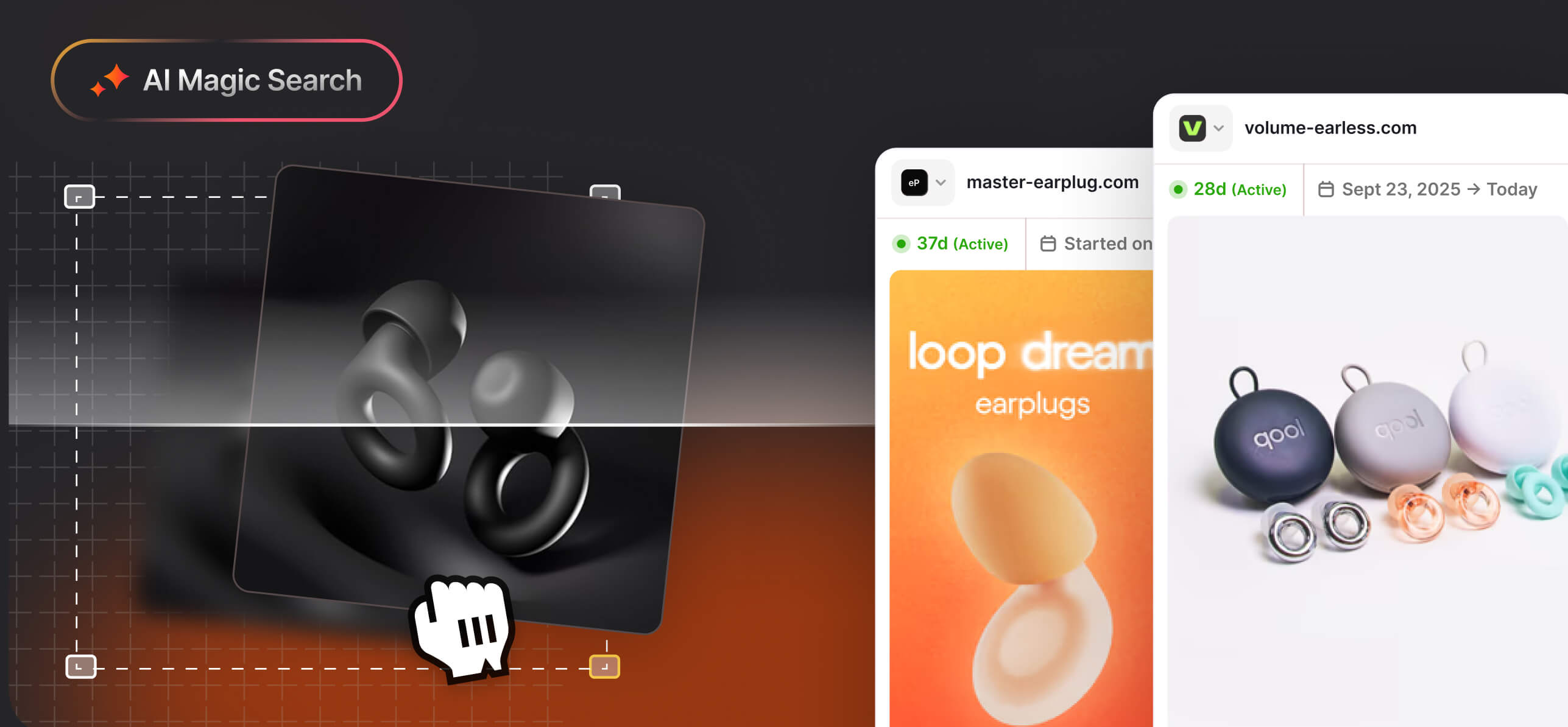 Minea AI Magic Search interface matching an earplug image to active online stores