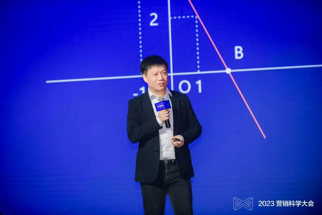 Minghui Wu speaking with a microphone in front of a blue presentation screen at the 2023 Marketing Science Conference