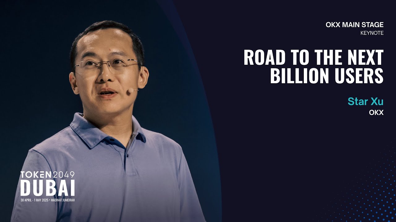 Star Xu speaking on the TOKEN2049 Dubai stage in 2025 beneath the words Road to the Next Billion Users