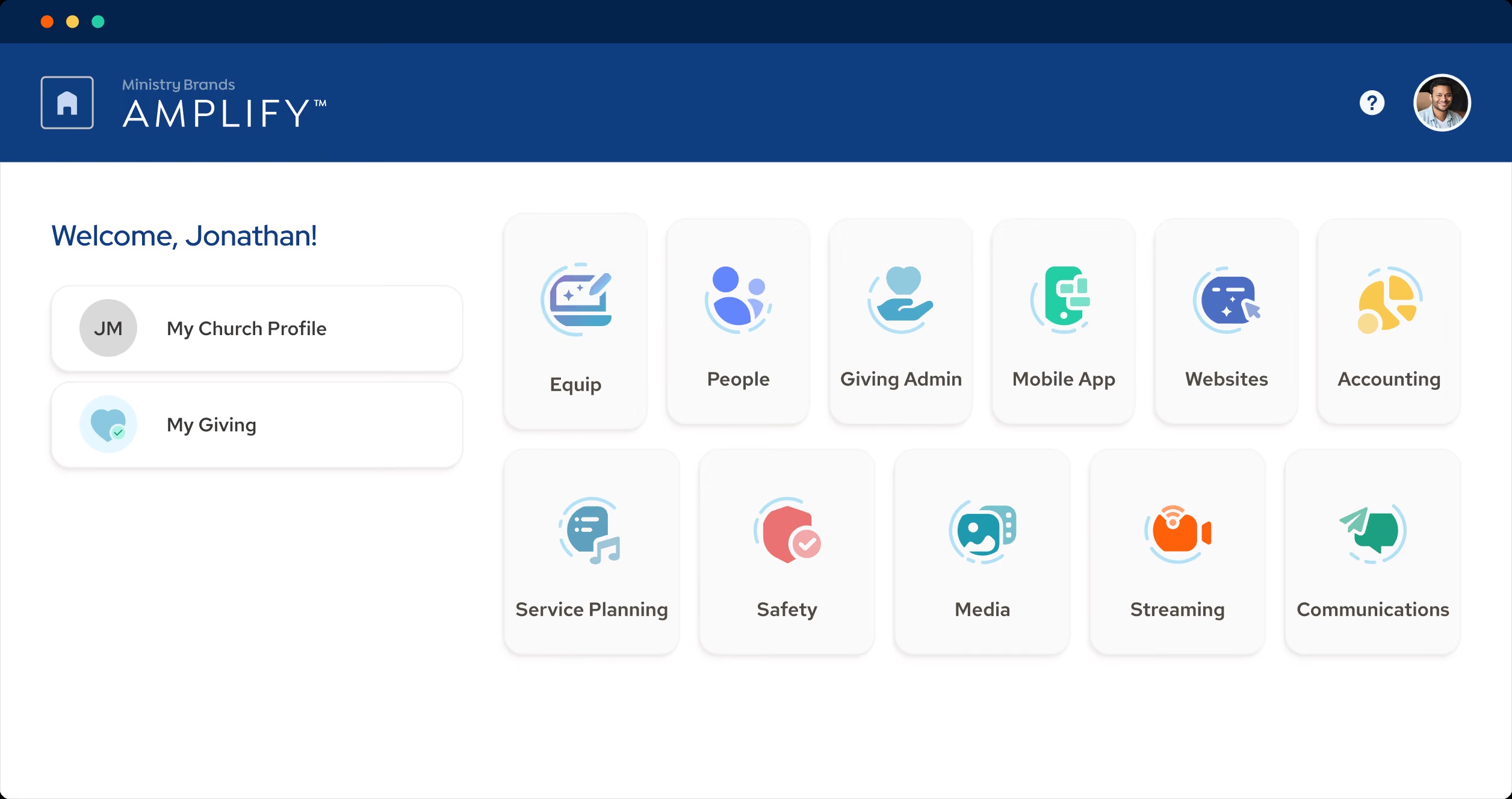 Ministry Brands Amplify dashboard with tiles for people, giving, websites, accounting, safety, streaming, and other modules