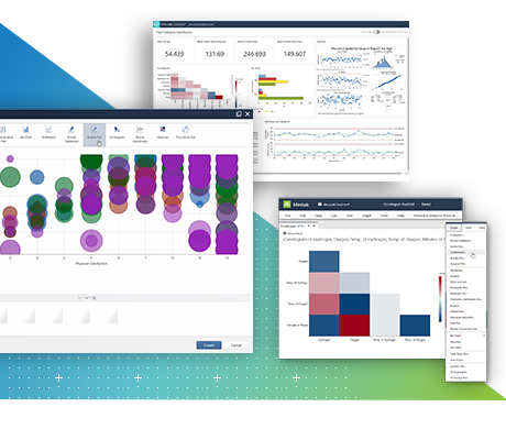 Official Minitab illustration showing charts, a dashboard and statistical software interfaces