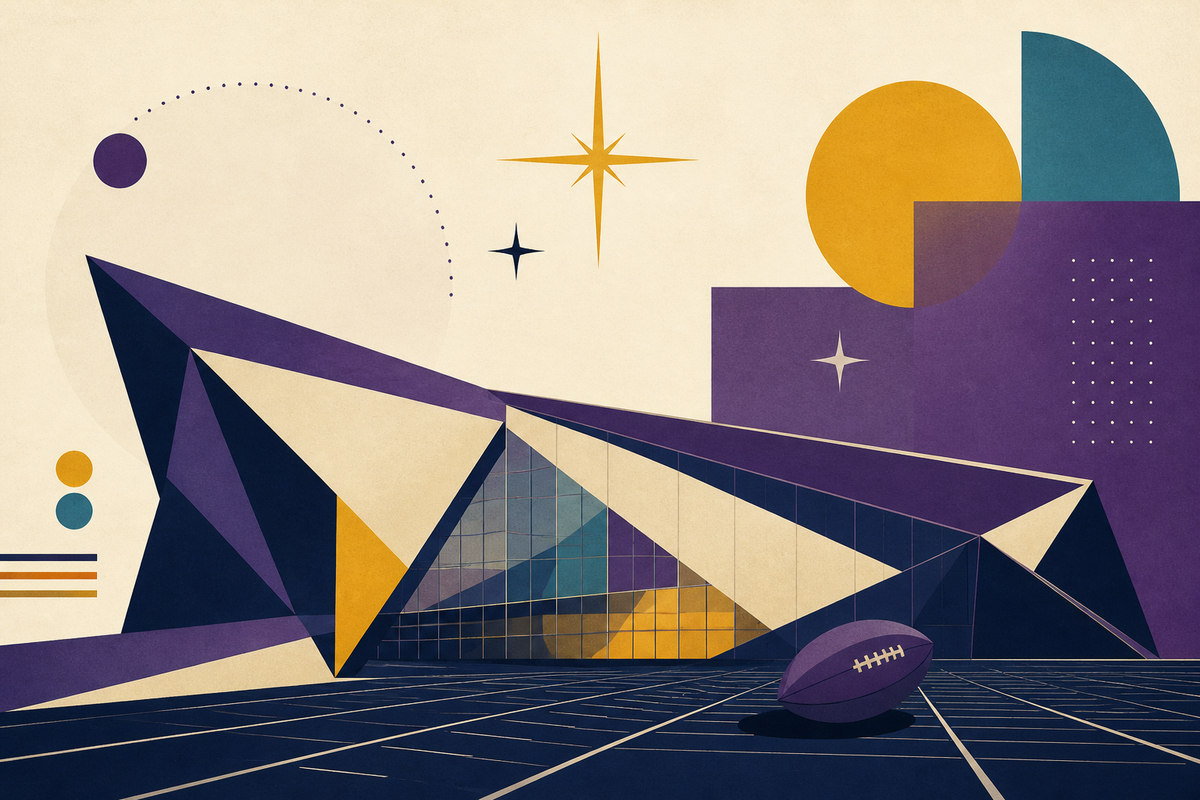 Abstract Swiss-style illustration of a faceted football stadium, field grid and ball in purple, gold, navy and teal
