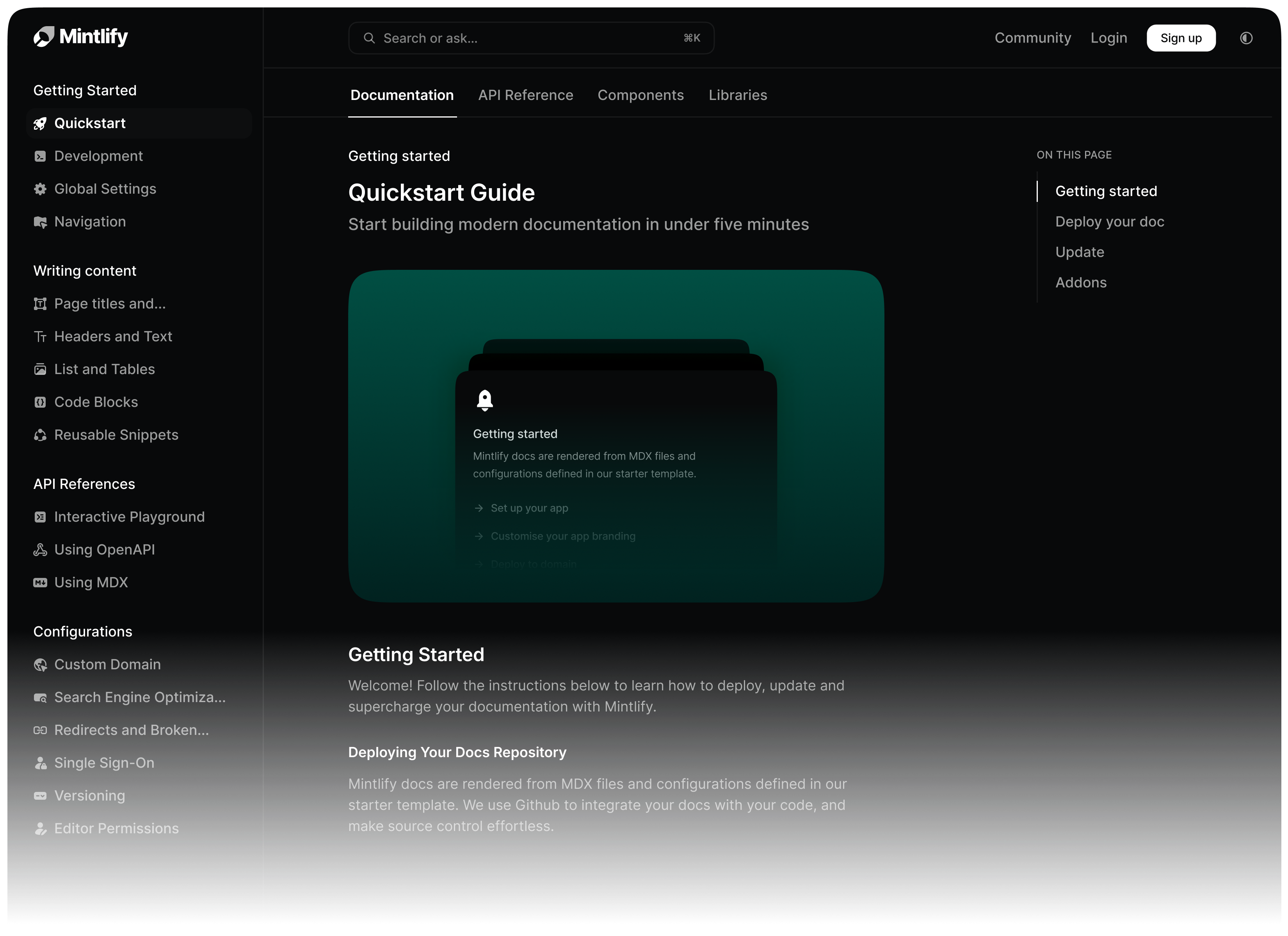 Mintlify documentation interface showing a quickstart guide and navigation