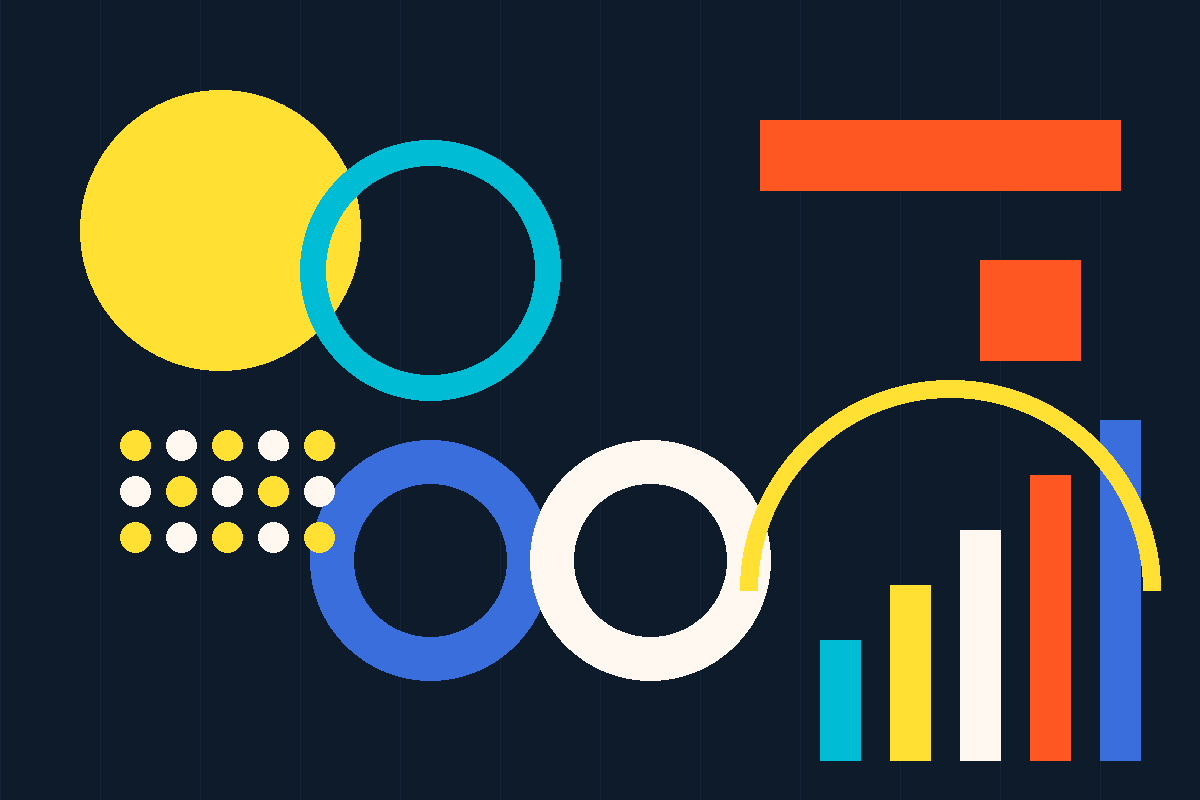 Swiss-style abstract graphic in Mirador's colors: an infinity loop, an ascending bar chart, and orbiting circles on navy.