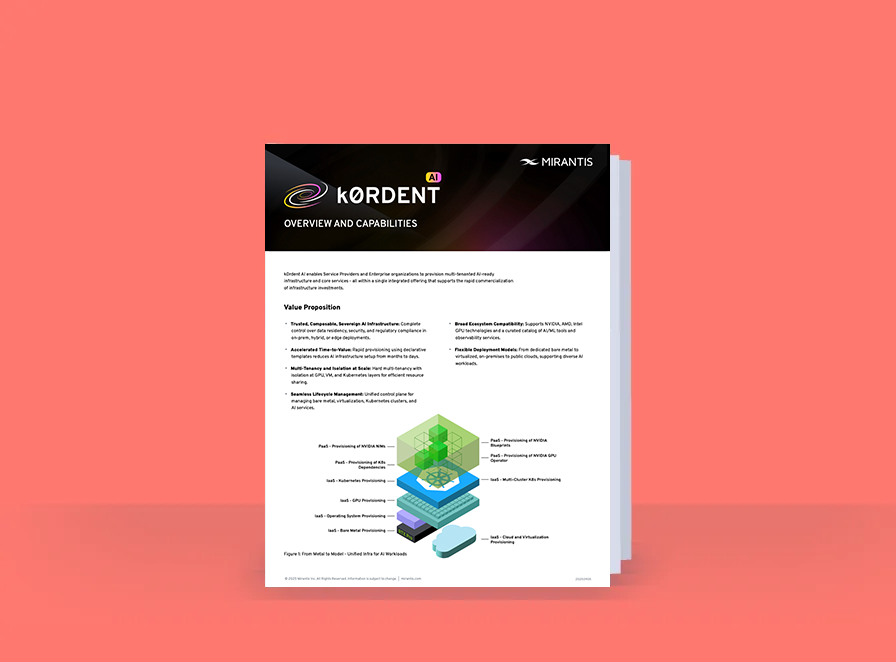 Mirantis k0rdent AI datasheet showing a metal-to-model layered infrastructure diagram