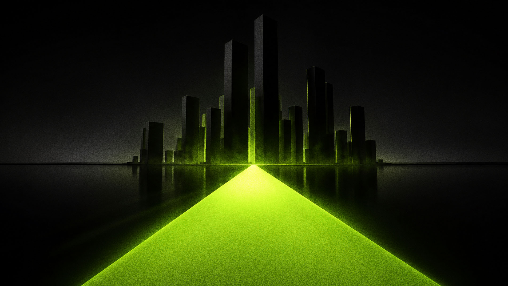 Stylized dark cityscape with a bright green runway of light leading toward it