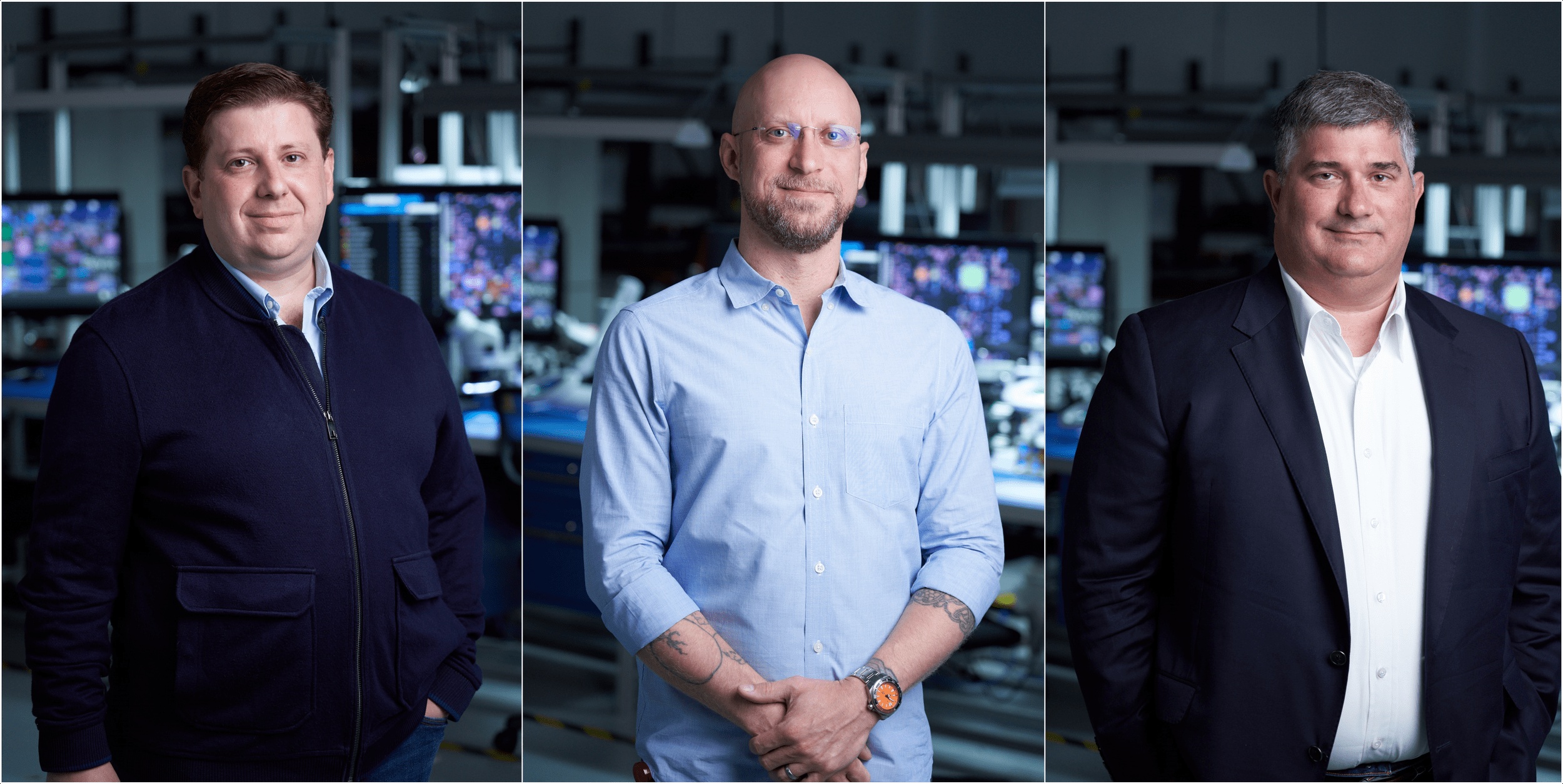 A three-panel MacroFab press photograph showing Misha Govshteyn, Chris Church and Chris Granberry