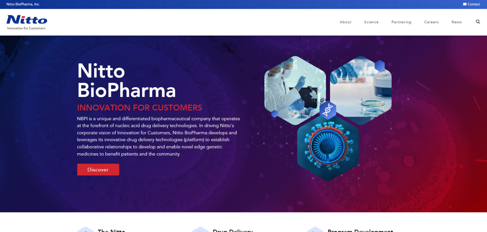 Nitto BioPharma website project showing blue and purple graphics, laboratory imagery and corporate navigation