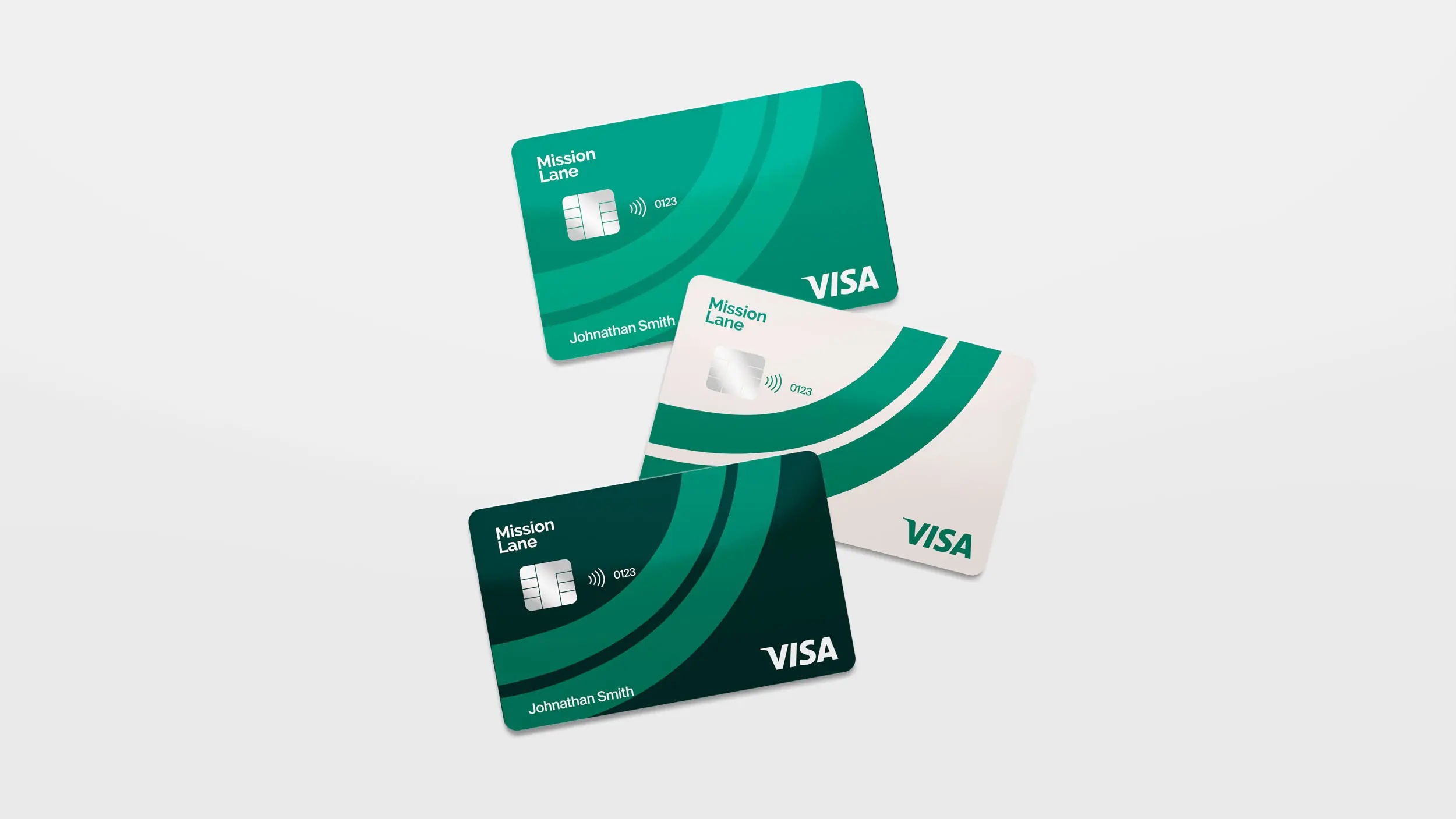 Three Mission Lane credit card design mockups in green and white