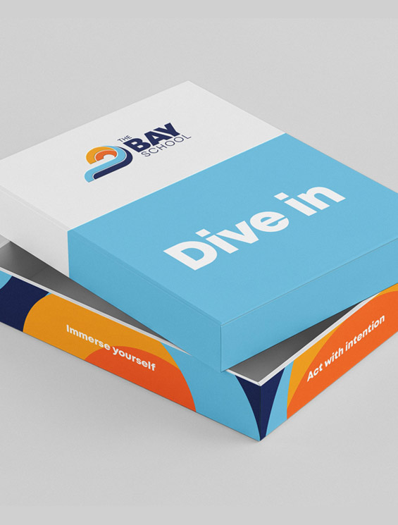 Two colorful Bay School campaign boxes designed around the phrase Dive in