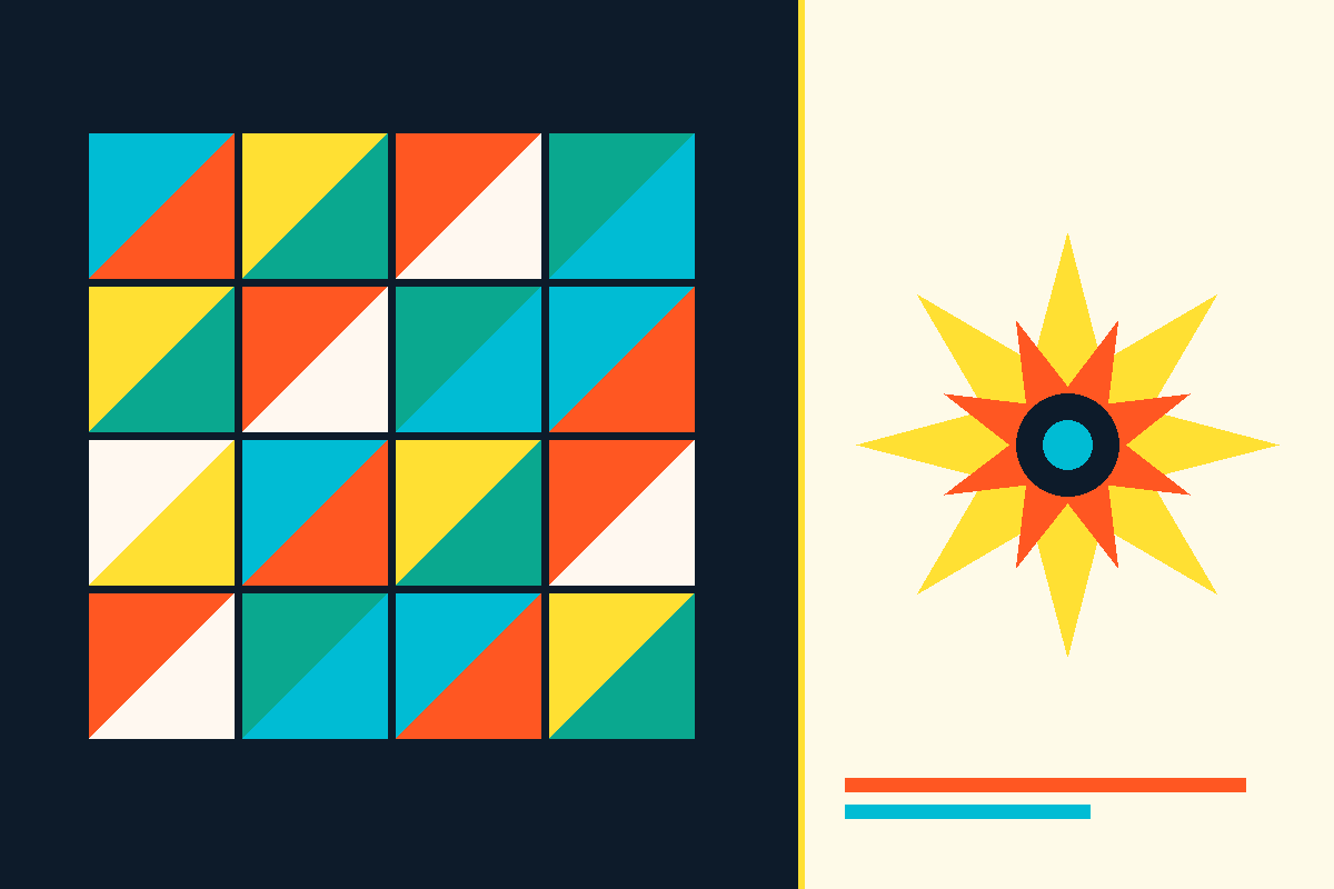 Swiss-style geometric graphic of quilt blocks and an eight-point star in Missouri Star colors