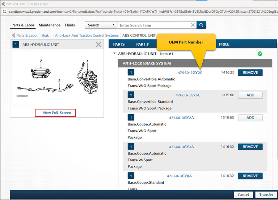 Mitchell 1 integration example showing parts diagrams, OEM part numbers and prices together