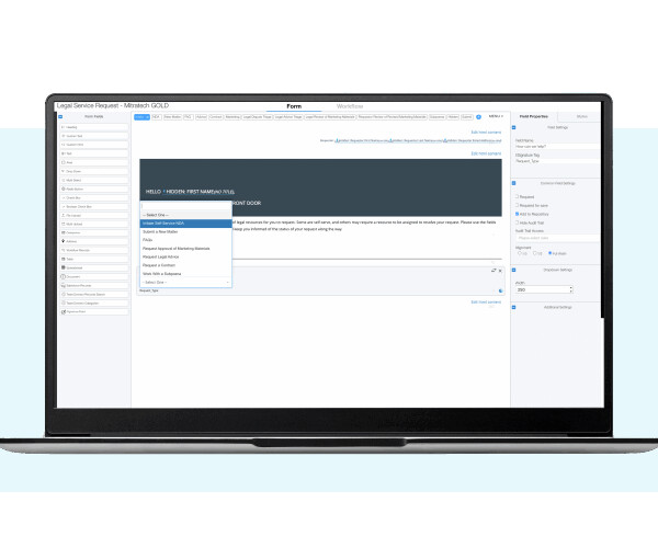 Mitratech TAP visual workflow builder shown on a laptop interface