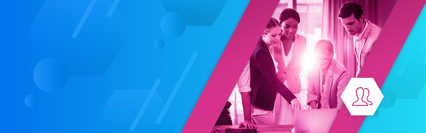 Professionals gathered around a laptop in Mitratech's official team-page artwork