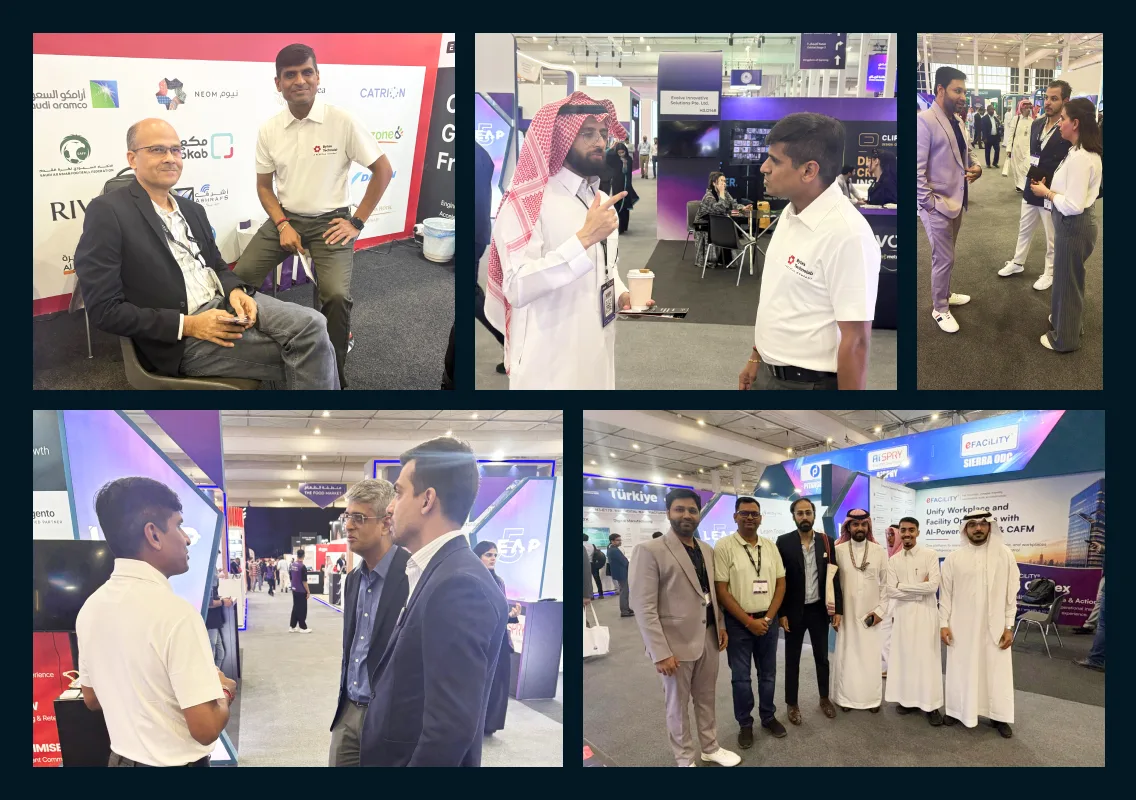 Event photographs of Mitul Patel and other attendees talking on the LEAP exhibition floor in Riyadh