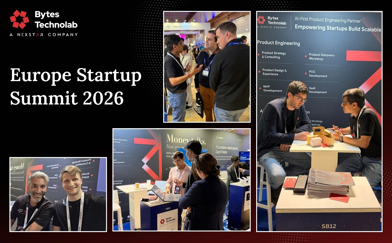 Bytes Technolab's event collage showing Mitul Patel and colleagues in conversations at the 2026 startup summit in Malta