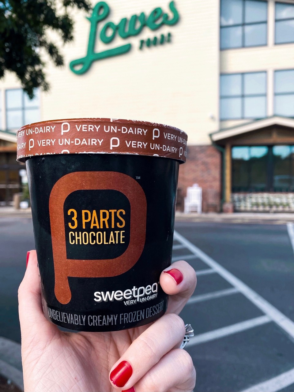 A tub of SweetPea plant-based frozen dessert held in front of a Lowes Foods store
