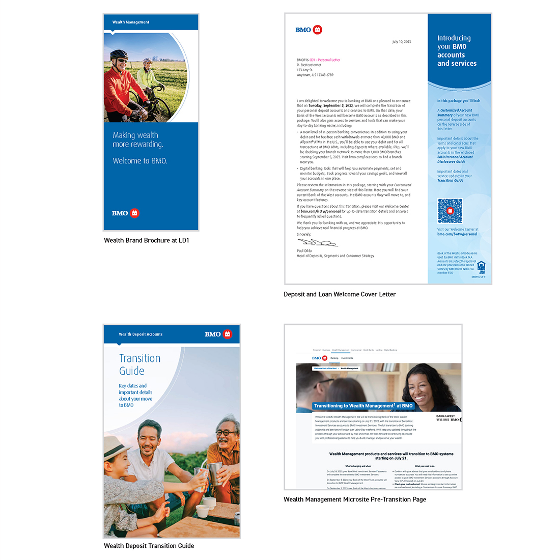 A collection of BMO and Bank of the West merger communications created for different customer touchpoints